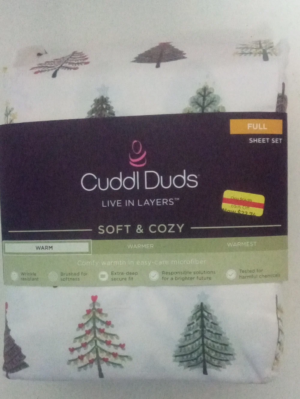 Cuddl Duds Soft & Cozy Full Sheet Set NWT $65 White with Green Tree Print